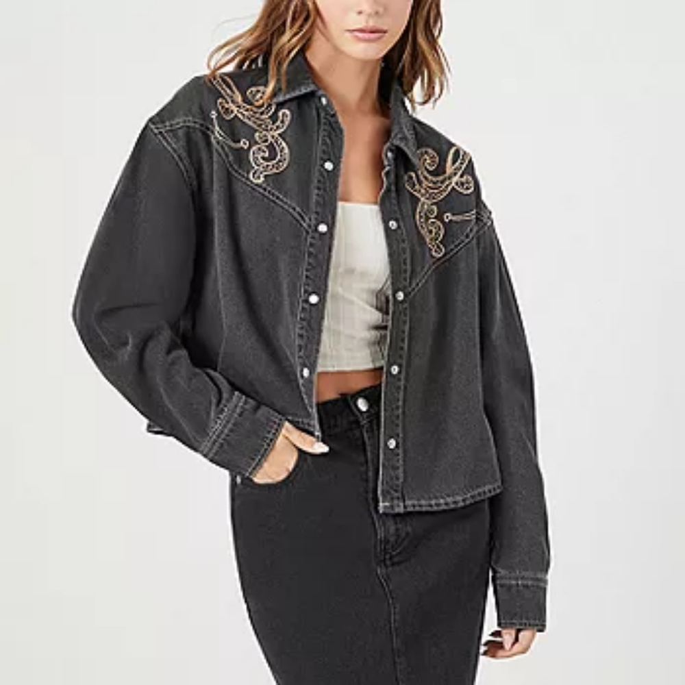 Forever 21 Western Embroidered Black Denim  Western Pearl Snap Jacket Top Sz S